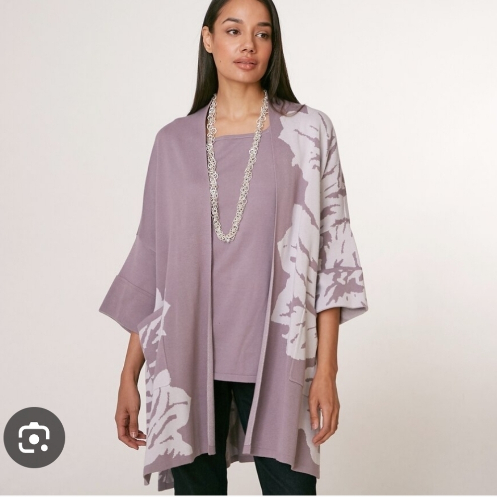 MarlaWynne Jaquered Kimo Knit Open Front Lilac Cardigan Side Slits Comfy Med